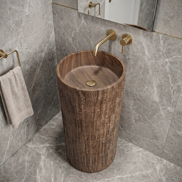 Bassino 15.7" Round Wood-Textured Pedestal Basin – Freestanding Bathroom Sink in Walnut Finish (15.7" W x 33.9" H)