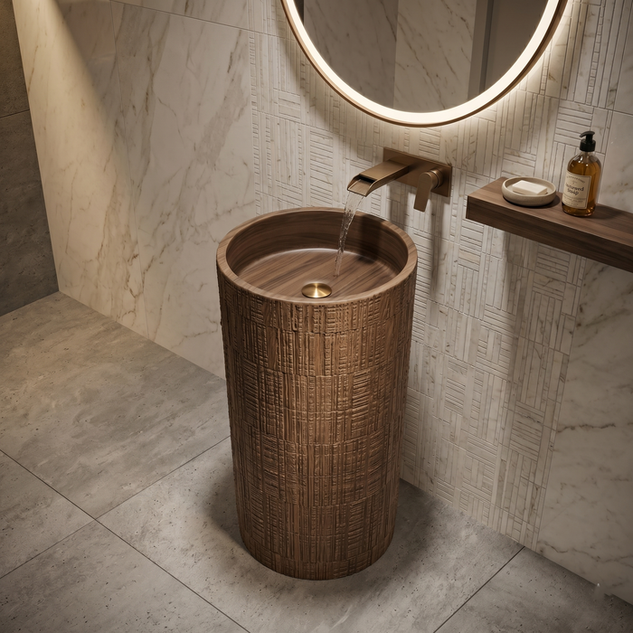 Bassino 15.7" Round Wood-Textured Pedestal Basin 