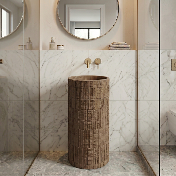 Bassino 15.7" Round Wood-Textured Pedestal Basin 