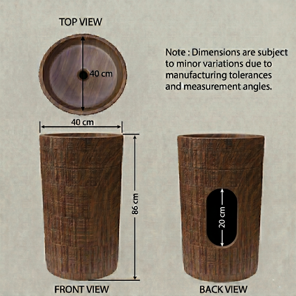 Bassino 15.7" Round Wood-Textured Pedestal Basin – Freestanding Bathroom Sink in Walnut Finish (15.7" W x 33.9" H)