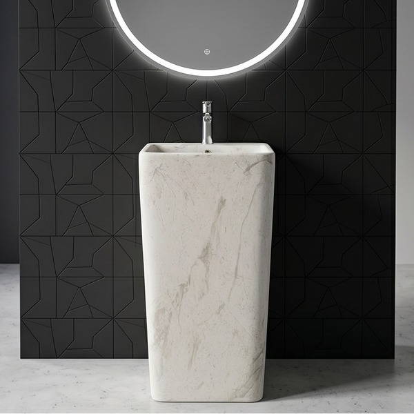 Bassino 15.7" White Marble Pedestal Basin – Freestanding Square Bathroom Sink with Stone-Inspired Finish (15.7" W x 33.1" H)
