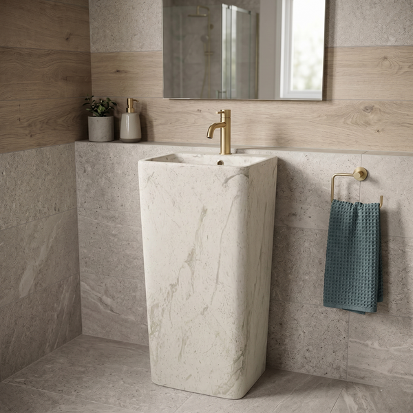 Bassino 15.7" White Marble Pedestal Basin – Freestanding Square Bathroom Sink with Stone-Inspired Finish (15.7" W x 33.1" H)