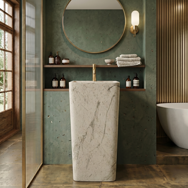 Bassino 15.7" White Marble Pedestal Basin – Freestanding Square Bathroom Sink with Stone-Inspired Finish (15.7" W x 33.1" H)