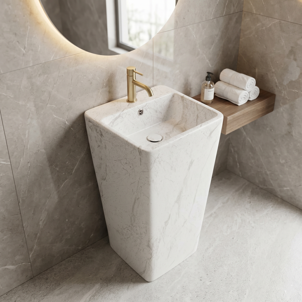 Bassino 15.7" White Marble Pedestal Basin – Freestanding Square Bathroom Sink with Stone-Inspired Finish (15.7" W x 33.1" H)