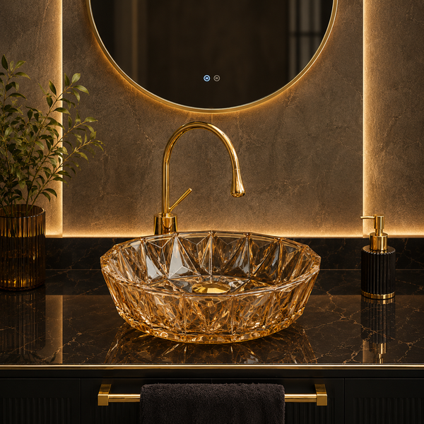 Bassino 16" Luxury Crystal Cut Glass Countertop Wash Basin – Premium Amber Gold Designer Vessel Sink (15.9" x 15.9" x 5.1")