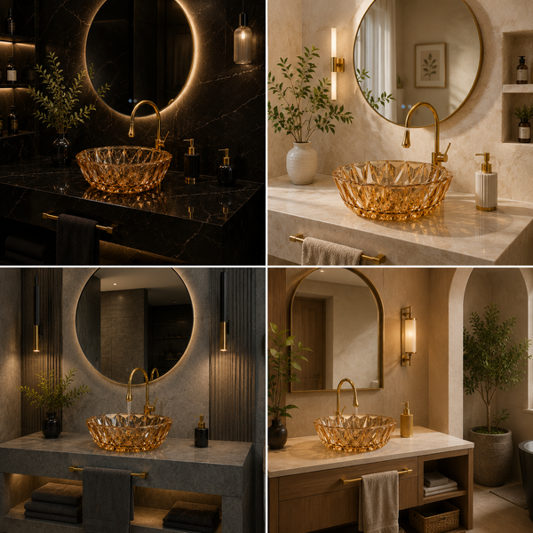 Bassino 16" Luxury Crystal Cut Glass Countertop Wash Basin – Premium Amber Gold Designer Vessel Sink (15.9" x 15.9" x 5.1")