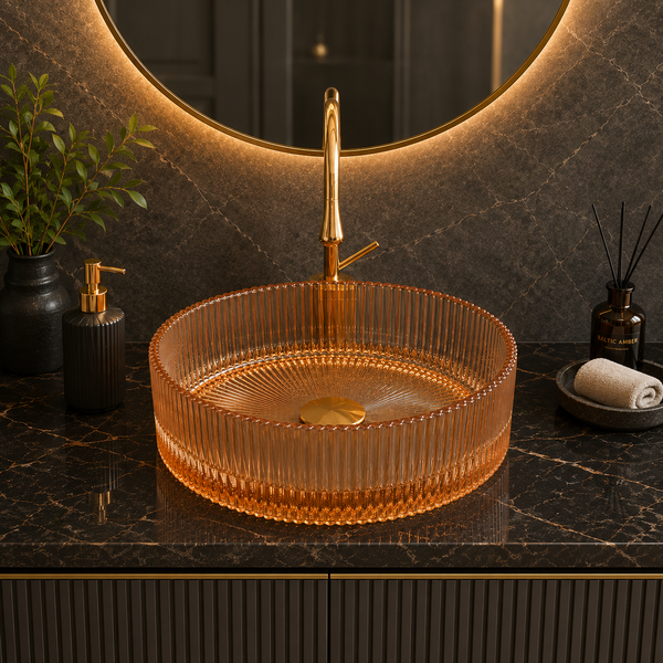 Bassino 16" Luxury Ribbed Glass Countertop Wash Basin – Premium Amber Gold Round Designer Vessel Sink (15.7" x 15.7" x 4.7")