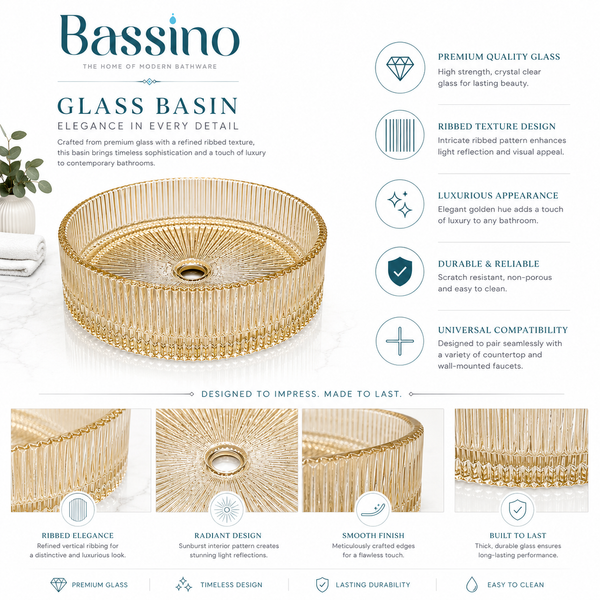 Bassino 16" Luxury Ribbed Glass Countertop Wash Basin – Premium Clear Gold Round Designer Vessel Sink (15.7" x 15.7" x 4.7")