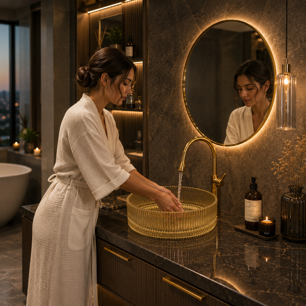 Bassino 16" Luxury Ribbed Glass Countertop Wash Basin – Premium Clear Gold Round Designer Vessel Sink (15.7" x 15.7" x 4.7")