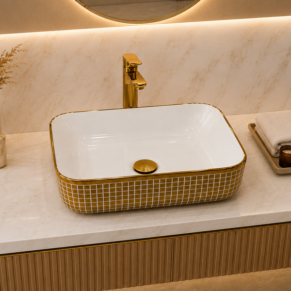 Bassino 16" x 12" Luxury Rectangular Countertop Wash Basin – White & Gold Designer Ceramic Vessel Sink (15.7" x 11.8" x 5.5")