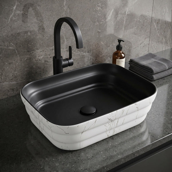 Bassino 20" Black & White Marble Effect Ceramic Countertop Wash Basin – Luxury Rectangular Vessel Sink (20" x 15" x 6")