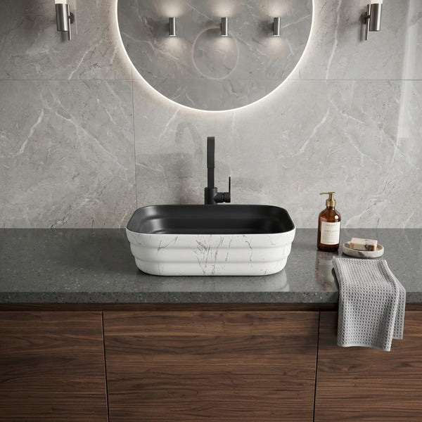 Bassino 20" Black & White Marble Effect Ceramic Countertop Wash Basin – Luxury Rectangular Vessel Sink (20" x 15" x 6")