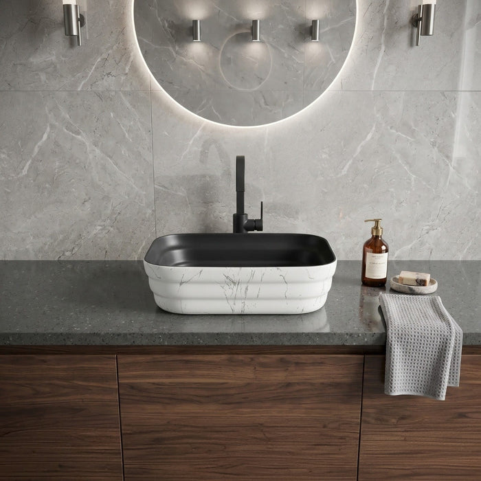 Bassino 20" Black & White Marble Effect Ceramic Countertop Wash Basin 