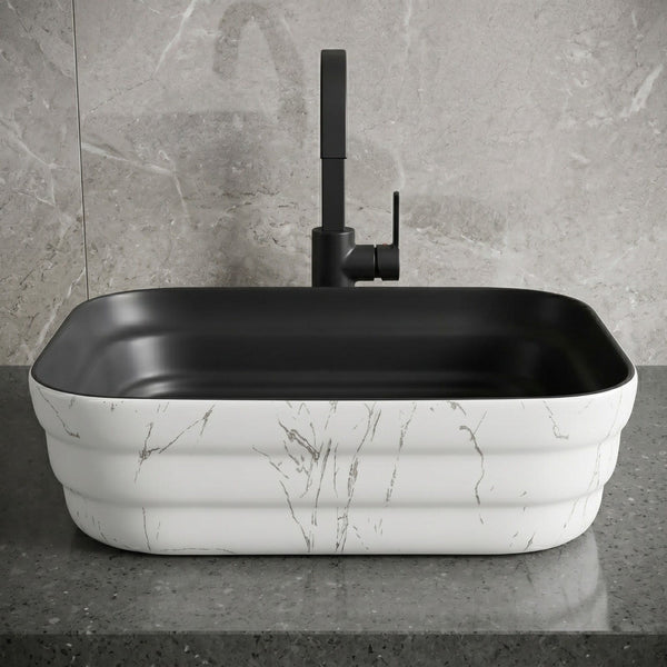 Bassino 20" Black & White Marble Effect Ceramic Countertop Wash Basin – Luxury Rectangular Vessel Sink (20" x 15" x 6")