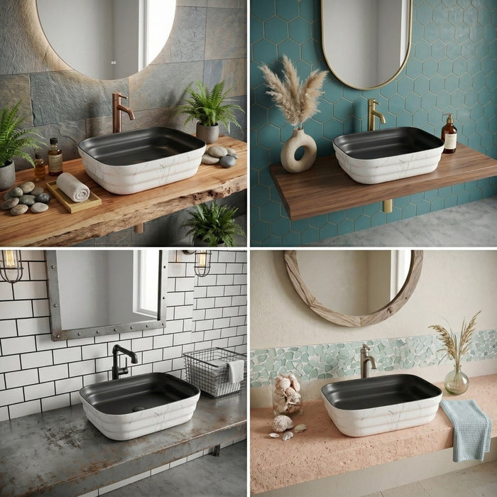 Bassino 20" Black & White Marble Effect Ceramic Countertop Wash Basin 