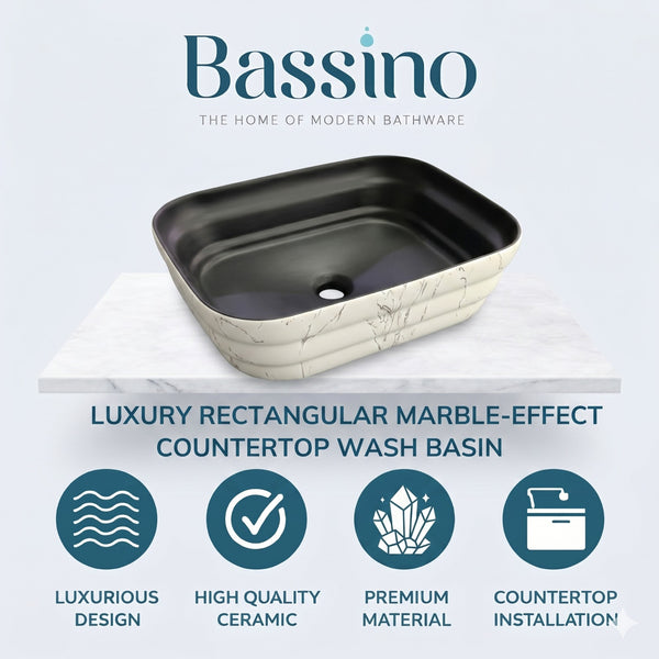 Bassino 20" Black & White Marble Effect Ceramic Countertop Wash Basin – Luxury Rectangular Vessel Sink (20" x 15" x 6")