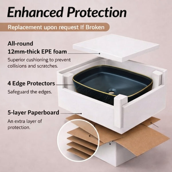 Bassino 20" x 15" Luxury Countertop Wash Basin – Premium Matte Black & Gold Rectangular Ceramic Vessel Sink (19.7" x 14.6" x 5.3")
