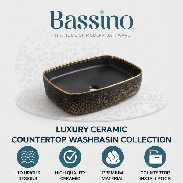 Bassino 20" x 15" Luxury Countertop Wash Basin – Premium Matte Black & Gold Rectangular Ceramic Vessel Sink (19.7" x 14.6" x 5.3")