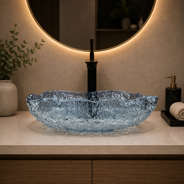 Blue Textured Glass Table Top Wash Basin – 450 × 340 × 110 mm Designer Countertop Basin for Modern Luxury Bathrooms