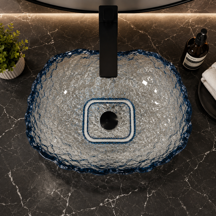Bassino 450 x 340 x 110 mm blue textured glass table top wash basin, 17.7 inch organic rectangular designer countertop basin for modern luxury bathroom