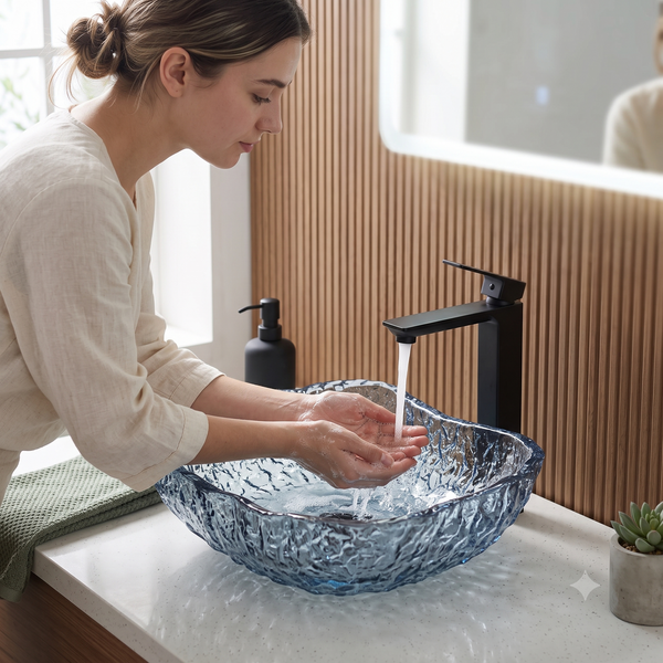 Blue Textured Glass Table Top Wash Basin – 450 × 340 × 110 mm Designer Countertop Basin for Modern Luxury Bathrooms