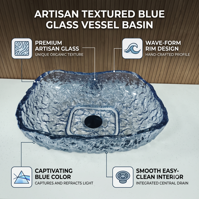 Bassino 450 x 340 x 110 mm blue textured glass table top wash basin, 17.7 inch organic rectangular designer countertop basin for modern luxury bathroom