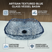 Bassino 450 x 340 x 110 mm blue textured glass table top wash basin, 17.7 inch organic rectangular designer countertop basin for modern luxury bathroom