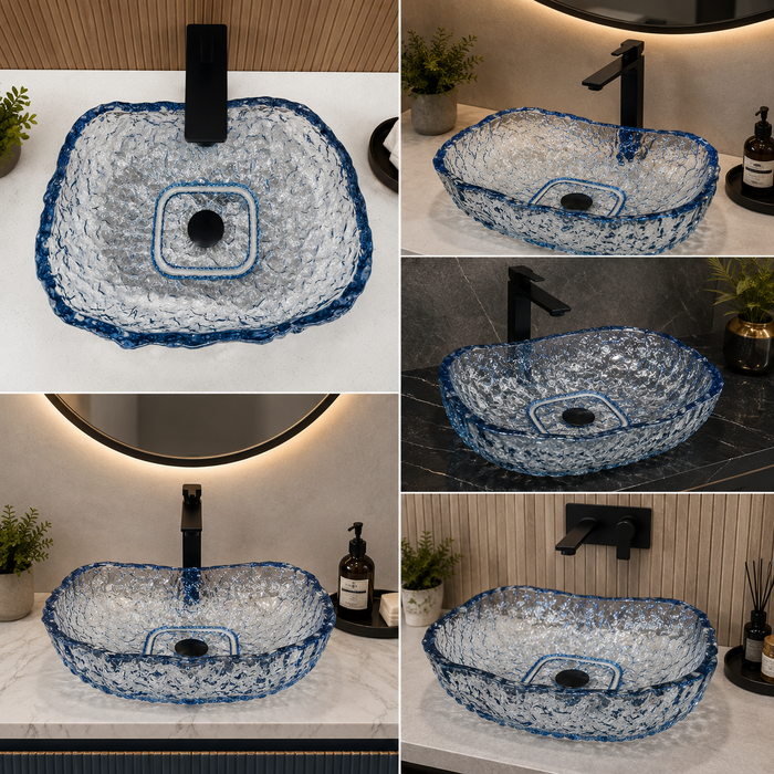 Bassino 450 x 340 x 110 mm blue textured glass table top wash basin, 17.7 inch organic rectangular designer countertop basin for modern luxury bathroom