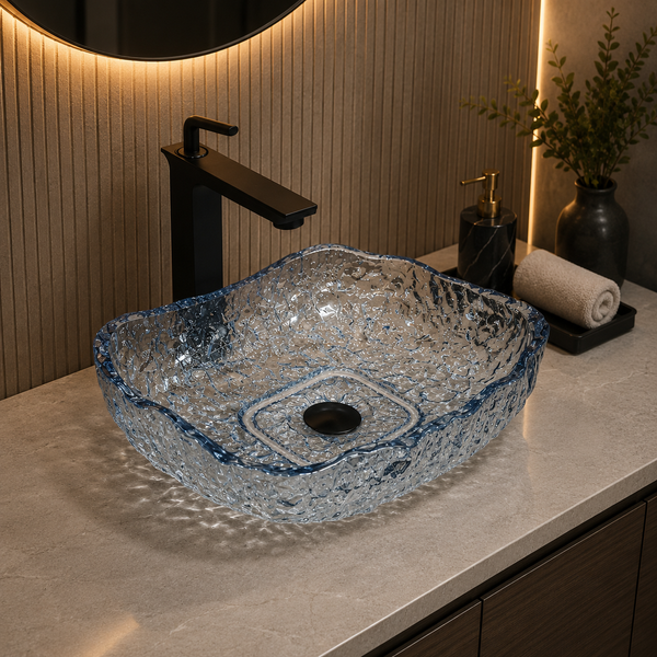 Blue Textured Glass Table Top Wash Basin – 450 × 340 × 110 mm Designer Countertop Basin for Modern Luxury Bathrooms