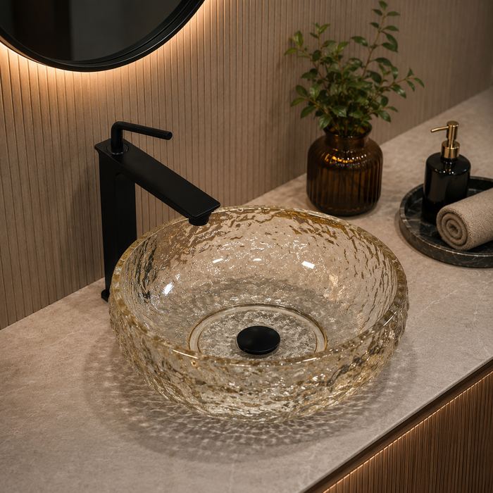 Bassino 450 x 450 x 150 mm round transparent textured glass table top wash basin, 17.7 inch designer countertop basin for modern luxury bathroom