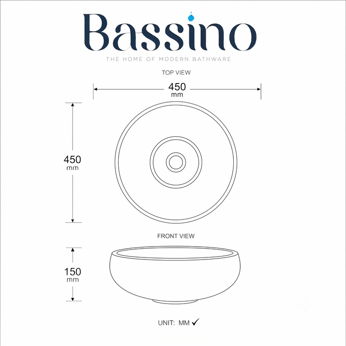 Bassino 450 x 450 x 150 mm round transparent textured glass table top wash basin, 17.7 inch designer countertop basin for modern luxury bathroom