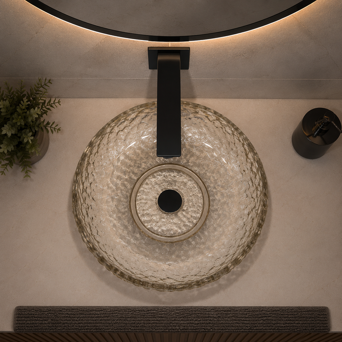 Bassino 450 x 450 x 150 mm round transparent textured glass table top wash basin, 17.7 inch designer countertop basin for modern luxury bathroom