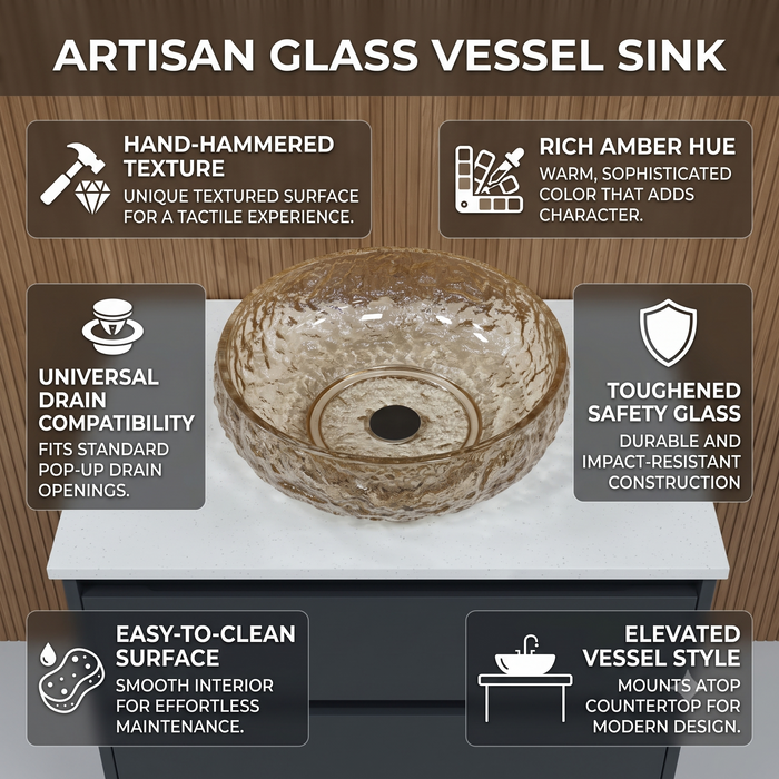 Bassino 450 x 450 x 150 mm round transparent textured glass table top wash basin, 17.7 inch designer countertop basin for modern luxury bathroom
