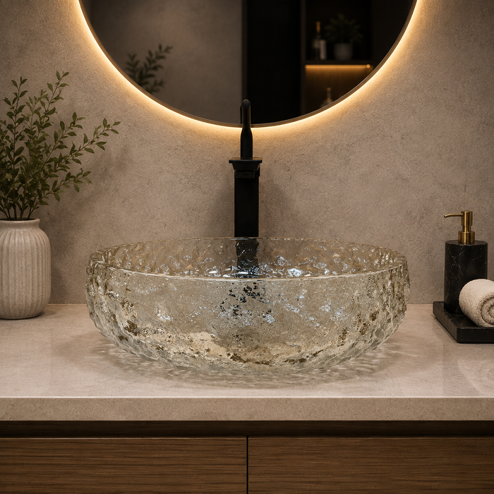Bassino 450 x 450 x 150 mm round transparent textured glass table top wash basin, 17.7 inch designer countertop basin for modern luxury bathroom