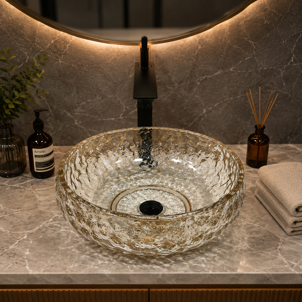 Round Textured Glass Table Top Wash Basin – 450 × 450 × 150 mm Transparent Designer Countertop Basin for Luxury Bathroom