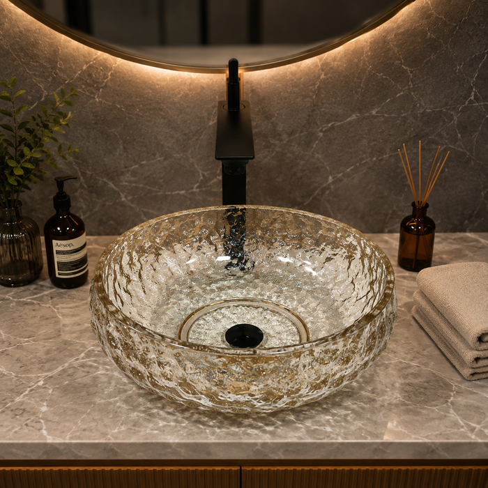 Bassino 450 x 450 x 150 mm round transparent textured glass table top wash basin, 17.7 inch designer countertop basin for modern luxury bathroom