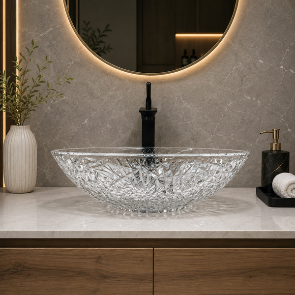 Clear Textured Glass Table Top Wash Basin – 510 × 355 × 150 mm Oval Designer Countertop Basin