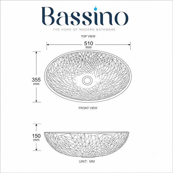 Clear Textured Glass Table Top Wash Basin – 510 × 355 × 150 mm Oval Designer Countertop Basin
