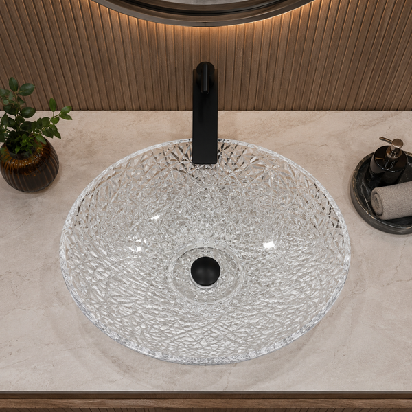 Clear Textured Glass Table Top Wash Basin – 510 × 355 × 150 mm Oval Designer Countertop Basin