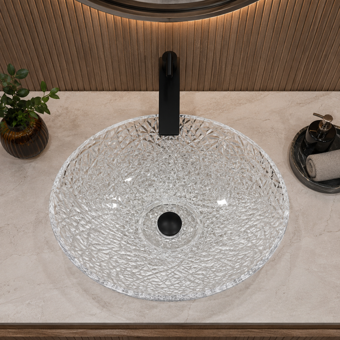 Bassino 510 x 355 x 150 mm clear textured glass table top wash basin, 20 inch oval designer countertop basin for modern luxury bathrooms