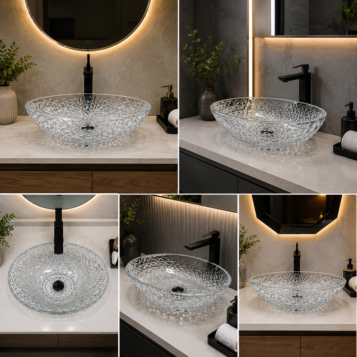 Bassino 510 x 355 x 150 mm clear textured glass table top wash basin, 20 inch oval designer countertop basin for modern luxury bathrooms