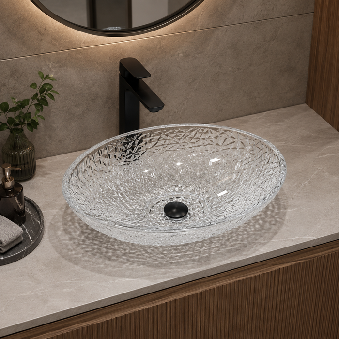 Bassino 510 x 355 x 150 mm clear textured glass table top wash basin, 20 inch oval designer countertop basin for modern luxury bathrooms