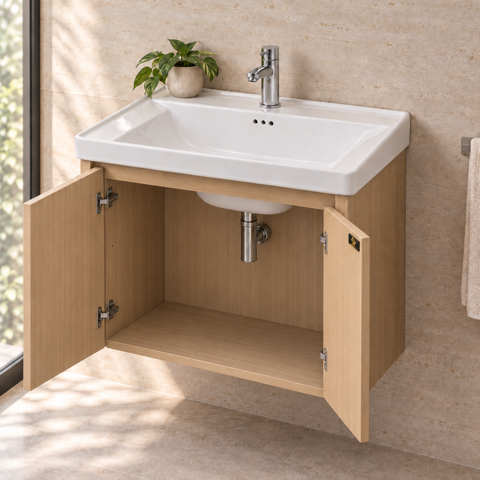 Bassino 600 mm wall-mounted bathroom vanity with glossy white ceramic basin, natural oak PVC cabinet, stainless-steel support and two-door storage.