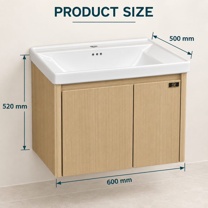 Bassino 600 mm wall-mounted bathroom vanity with glossy white ceramic basin, natural oak PVC cabinet, stainless-steel support and two-door storage.
