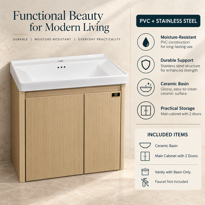 Bassino 600 mm wall-mounted bathroom vanity with glossy white ceramic basin, natural oak PVC cabinet, stainless-steel support and two-door storage.