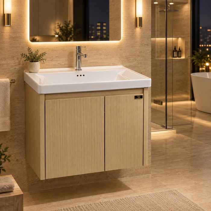 Bassino 600 mm wall-mounted bathroom vanity with glossy white ceramic basin, natural oak PVC cabinet, stainless-steel support and two-door storage.