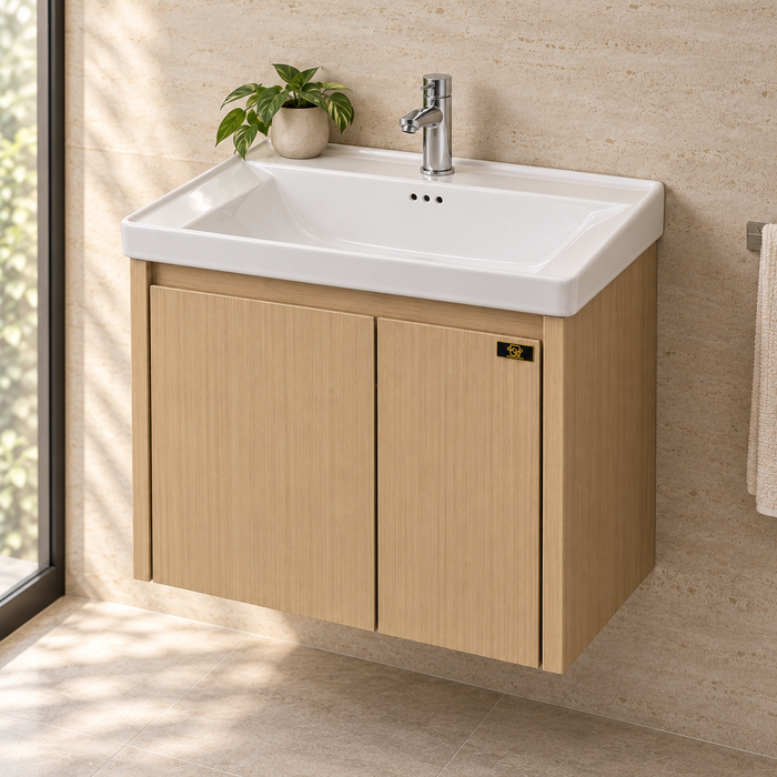 Bassino 600 mm wall-mounted bathroom vanity with glossy white ceramic basin, natural oak PVC cabinet, stainless-steel support and two-door storage.