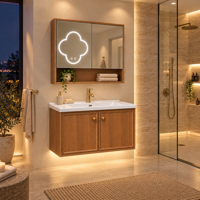 Bassino 800 mm wall-mounted plywood bathroom vanity set with ceramic basin, two-door cabinet and flower LED mirror cabinet