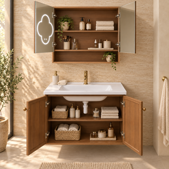 Bassino 800 mm wall-mounted plywood bathroom vanity set with ceramic basin, two-door cabinet and flower LED mirror cabinet