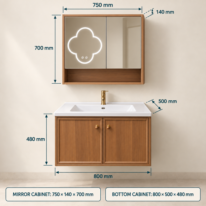 Bassino 800 mm wall-mounted plywood bathroom vanity set with ceramic basin, two-door cabinet and flower LED mirror cabinet